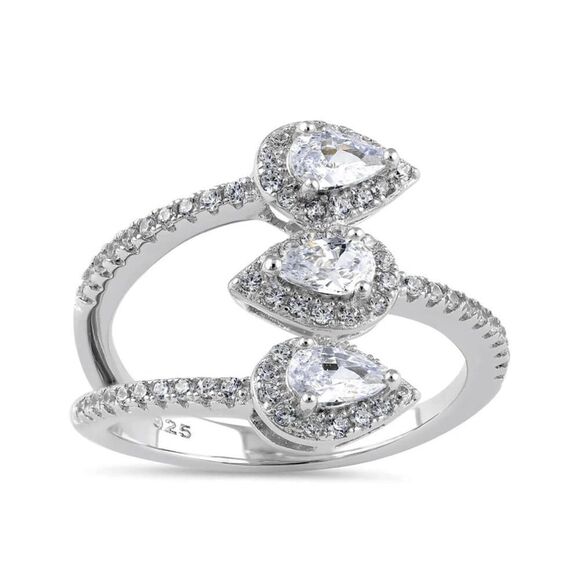Sterling Silver Triple Pear Halo Wrap CZ Bypass Ring New - Picture 2 of 5